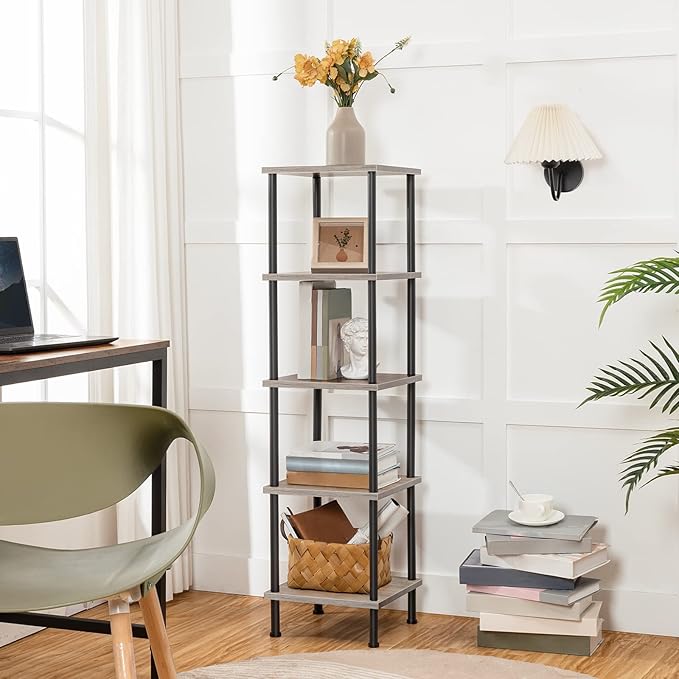 HOOBRO 5-Tier Corner Shelf Stand, Corner Square Rack Display Shelf, Tall Storage Rack Plant Stand, Bookcase for Small Spaces, Living Room, Home Office, Kitchen, Greige and Black BG50CJ01