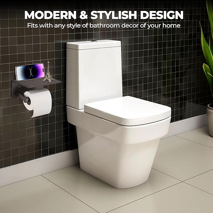 Homely Trove Toilet Paper Holder with Phone Shelf – Tissue Roll Holder Bathroom Storage Dispenser - Adhesive Toilet Paper Holder Wall Mount Bathroom Décor - Matte Gray
