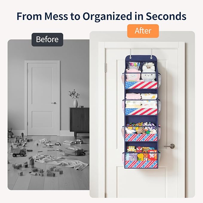 Yecaye 5 Tier Over the Door Organizer, Swing-proof Door Organizer Hanging with Clear PVC Windows, Behind the Door Storage for Bedroom Nursery Closet Laundry Pantry Bathroom, Navy Blue