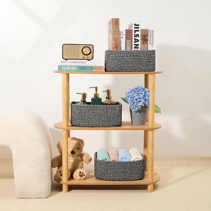 Small Storage Baskets for Organizing | Closet Organizer Bins | Shelf Toy Basket | Woven Rope Baskets | Cube Decorative Box | Shallow Basket | 11.5x7.5x4.7” | 4 Packs Dark Gray
