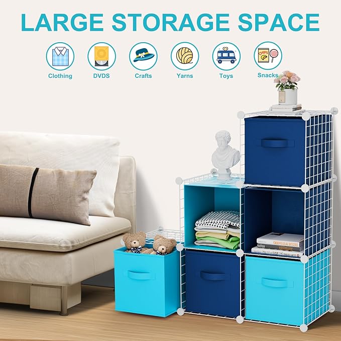 Leinuosen 6 Cube Storage Organizer with Fabric Bins, Wire Grid Stackable Shelves, Drawer Closet Organizer, Modular Storage Units for Bedroom Living Room Office Clothes Toys Crafts(White,Blue)