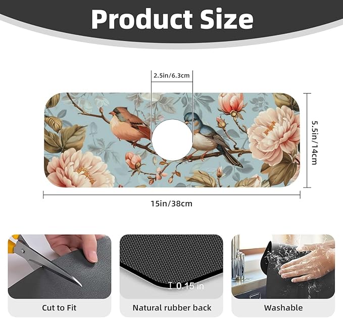 Faucet Draining Mat For Kitchen Sink, Blue Birds Peonies Flowers Diatom Mud Absorbent Drain Pad For Bathroom Kitchen Sink Splash Guard Drying Mat