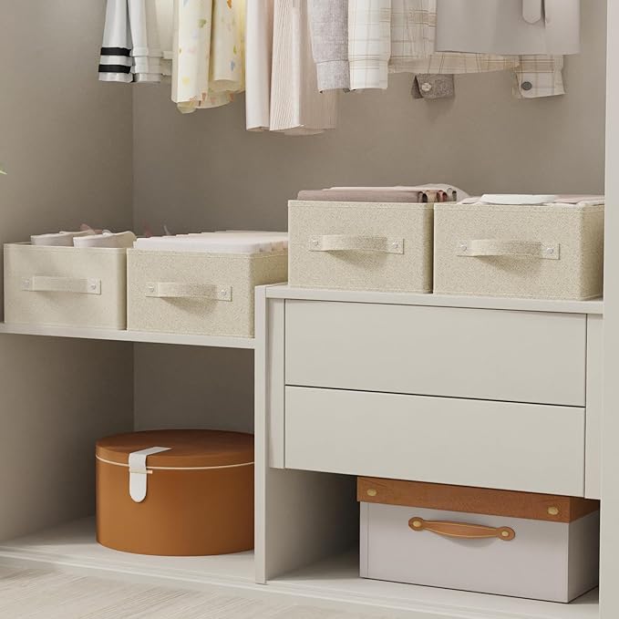 Collapsible Fabric Organizer Bins, Storage Boxes, Cloth Cube Baskets for Organizing Home, Office and Closet, Grey and Beige, 3 Pack, 16.1x9.8x6.4in