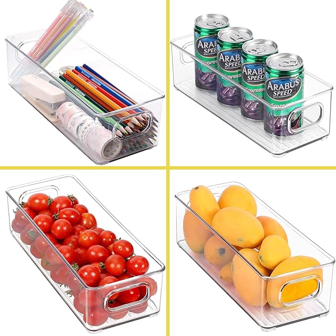 Set of 6 Refrigerator Pantry Organizer Bins - Stackable Fridge Organizers with Handles for Pantry, Freezer, Kitchen, Countertops, Cabinets - Clear Plastic Food Storage Bins