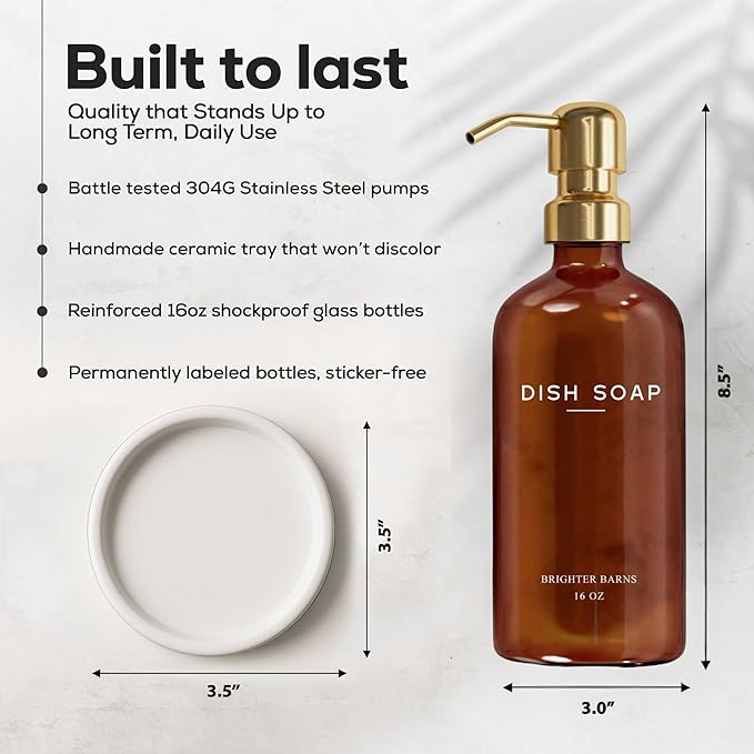 Luxury Glass Dish Soap Dispenser for Kitchen Sink by Brighter Barns - Kitchen Soap Dispenser Set with Pump & Tray - Refillable Glass Bottle for Liquid - Luxury Home Decor for Airbnb, Gift (Amber/Gold)