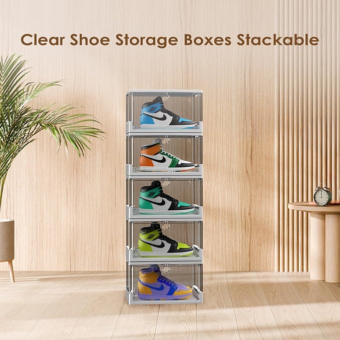 Thicken & Sturdy Clear Shoe Boxes with Magnetic Door, 3 Pack Stackable Multi-functional Shoe Storage, Shoe Organizer for Closet, Space Saving, 360 ° Dustproof & Moisture-proof, Fits Up to US Size 13