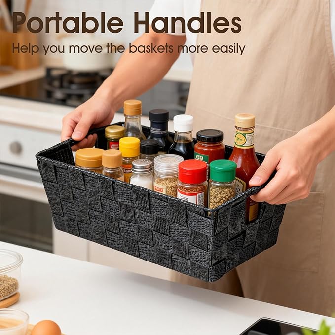 homyfort Black Storage Baskets for Shelves, Woven Shelf Baskets for Organizing, Small Strap Organizer Basket for Bathroom Storage, Set of 4