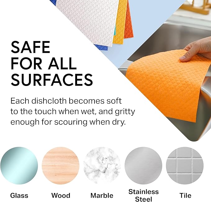 Swedish Wholesale Dishcloths Reusable 8" x 7" Sponge Cloths, Bulk 10 Pack of High Absorbent Cellulose Dish & Kitchen Cleaning Hand Towels, Wring to Dry & Machine Wash, Odor Resistant, Blue