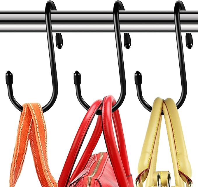 HiGift 8 Pack Purse Hanger for Closet, Vinyl Coated Unique Twist Design Black Bag Hanger Hooks, 5 Inch Large Closet Rod Home Storage Hooks Purse Organizer for Hanging Handbags, Belts, Hat, Backpack