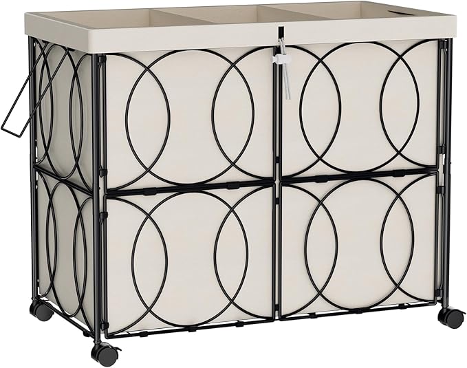 VIPLEO Laundry Hamper with 3 Section, Large 180L Rolling Laundry Basket with Wheels, Metal Heavy Duty Laundry Hamper with Detachable Bags, Dirty Clothes Hamper Organizer for Bedroom, Bathroom(Beige)