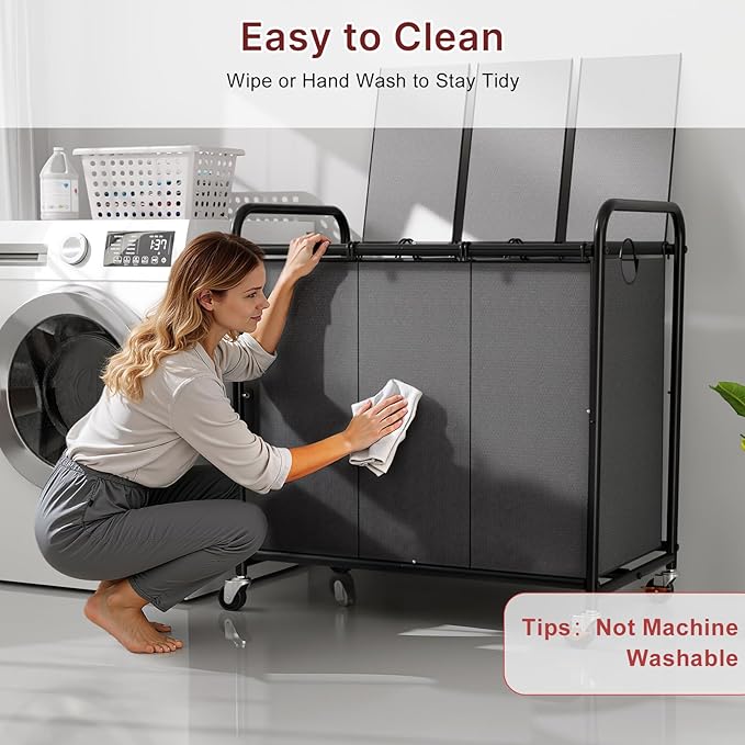 3-Compartment Laundry Cart with Lockable Wheels & Lid 180L Large Wheeled Laundry Basket Heavy-Duty Sorting Organizer for Laundry Room (Grey)