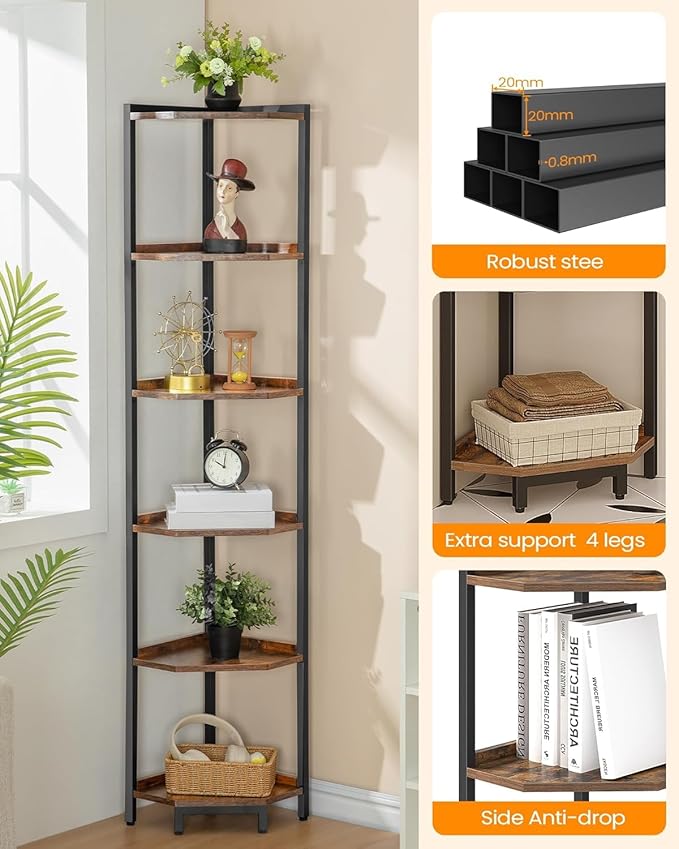 Corner Shelf Stand, Corner Bookshelf, Storage Standing Shelf Unit with Metal Frame, Plant Stand, Bookcase for Living Room, Home Office, Bedroom, 6-Tier Rustic Brown CS06001B
