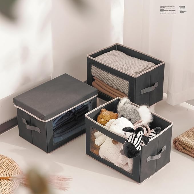 Stackable Storage Bins with Lids - Medium Storage Box with Lids, Foldable Closet Boxes for Organizing, Wardrobe Clothes Organizer with Window, Cubes Bins for Living Room, 4 Pack, Dark Grey