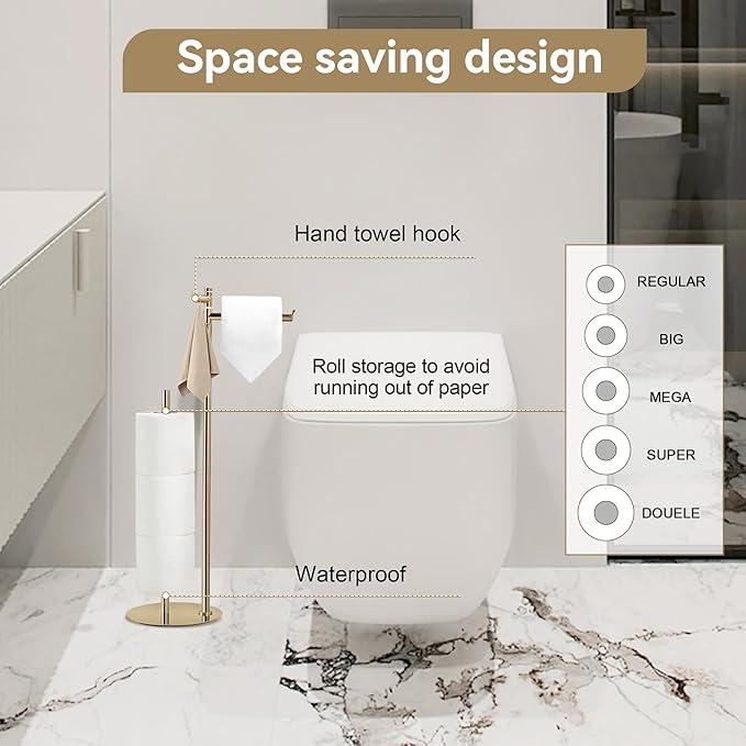 BGL Toilet Paper Holder Stand, SUS304 Stainless Steel Gold, Weighted Base, Holds 5 Jumbo Rolls, Space-Saving Modern Bathroom Storage with Built-in Hook