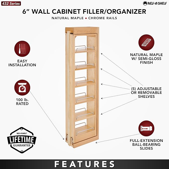 Rev-A-Shelf 6" W x 42" H Pull Out Quad Shelf Organizer for Wall & Base Kitchen Cabinets, Full Extension Filler Spice Rack, Adjustable, Wood, 432-WF42-6C