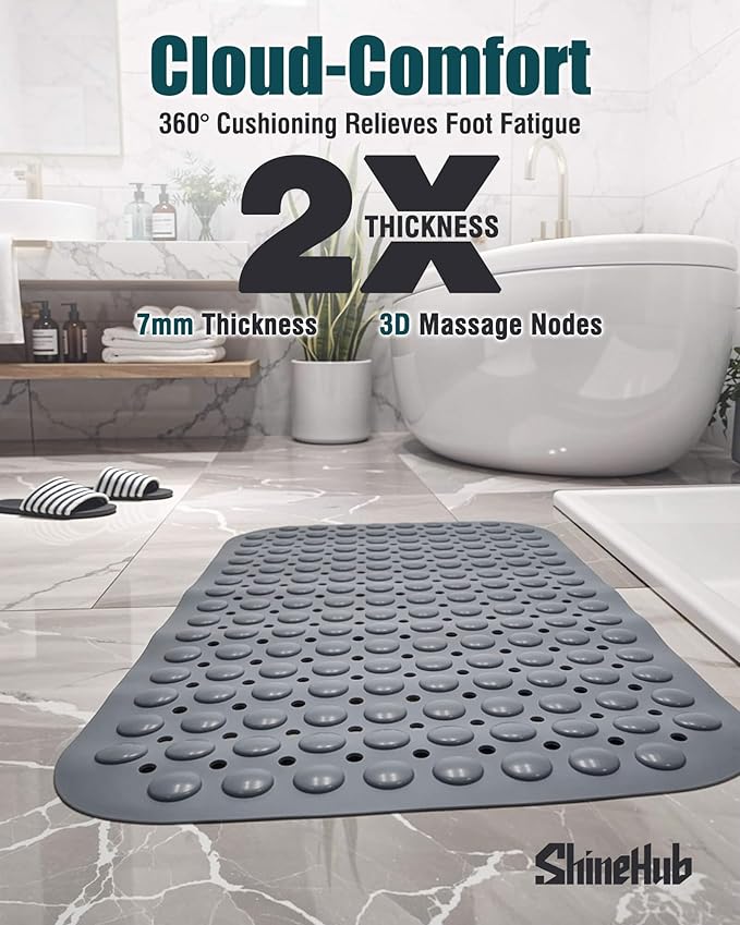 ShineHub Non-Slip Bath Mat for Tub Shower, TPE Machine Washable Bathroom Essentials with Suction Cups, Quick-Dry 28x16 inch (Mist Pine Gray)