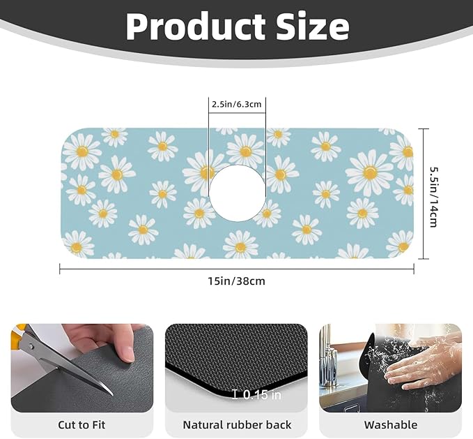Beautiful Daisy Flower Floral Kitchen Sink Splash Guard Faucet Mat Super Absorbent Fast Drying Mat Sink Gadgets-Fast Drying Pad Sink Mat For Kitchen Bathroom (15" X 5.5" )