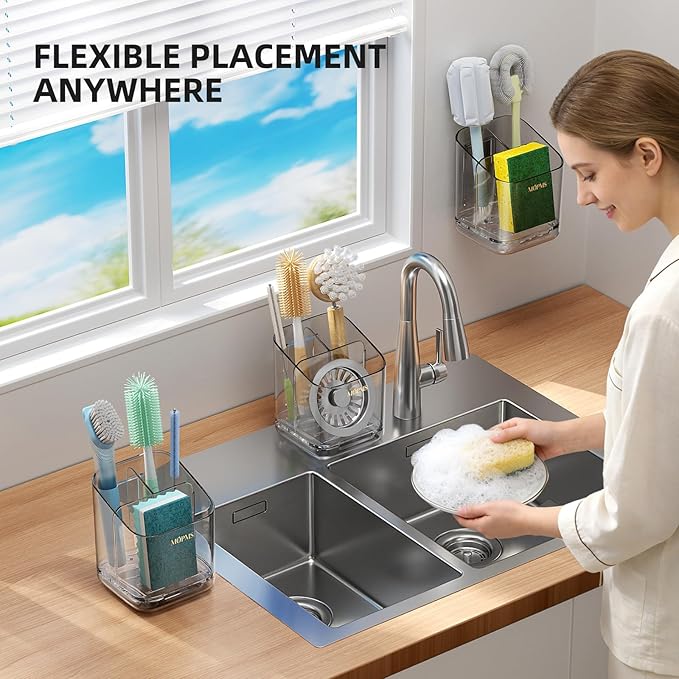 Minimalist Sponge Holder for Kitchen Sink, 3 Slots Sink Caddy with Removable Divider and Drip Tray, Clear PET Countertop Organizer to Free up Kitchen Sink Space