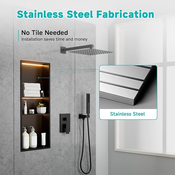 TSIBOMU Black Stainless Steel Shower Niche with LED Lights 12" x 30" – Recessed Shower Shelf with 3-Tier Storage, Waterproof & Rustproof Bathroom Wall Niche