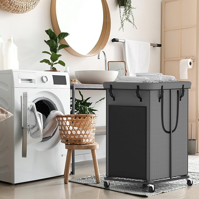 150L Large Laundry Hampers, Oxford Fabric Laundry Hampers Clothes Hampers, Metal Frame and Removable Bag Design with Wheels, Suitable for Bedroom, Bathroom, Dorm Room, Laundry Room (Grey)