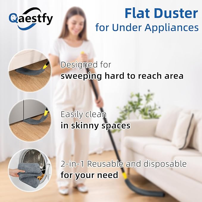 Qaestfy Under Appliance Cleaning Tool with Long Handle, 2 Reusable Microfiber Pads, 5 Disposable Dusting Cloths, Retractable Flat Gap Duster (30-63”) for Behind Fridge, Washer, Bed, Furniture