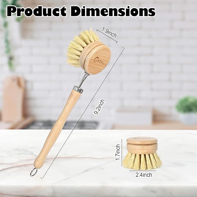 Bamboo Dish Brush with Handle - Soft Bristle, Eco-Friendly Vegetable Brush Scrubber for Food, Compostable & Sustainable, Bamboo Dish Scrubber for Cleaning Kitchen Utensils