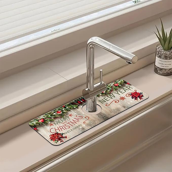 Chrismas Sink Splash Guard Faucet Mat Cute Christmas Absorbent Fast Drying Mat Sink Gadgets Splash Guard Behind Faucet Drip Catcher for Kitchen Bathroom 15.5"X5.5"