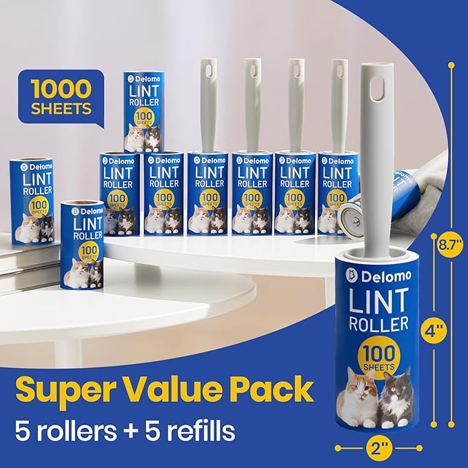 DELOMO Lint Roller 1,000 Sheets (5 Rollers + 5 Refills) - Lint Rollers for Pet Hair Extra Sticky, Mega Value Pet Hair Removal Tool for Clothes/Couch/Furniture/Car - Ideal Home Gift for Pet Owners
