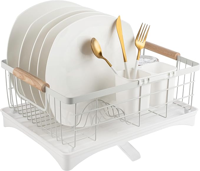 Dish Drainer Rack - Plate, Cutlery, Pots, and Pans Drying Rack for Kitchen with Beechwood Handles - Modern Retro Design Drip Tray with Metal Rack - White
