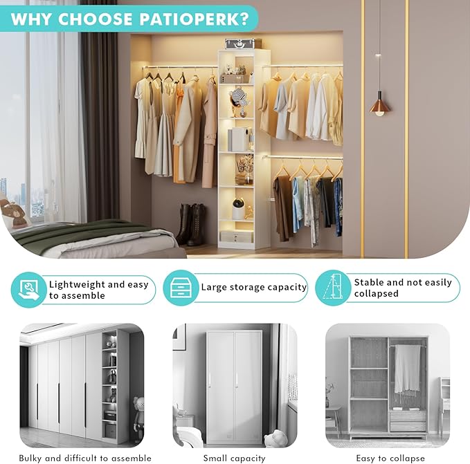 Walk in Closet Organizer System - Built-in Garment Rack with 6 Shelves and 3 Extendable Hanging Rods, Wall Mounted Clothes Organizers Storage Systems for Bedroom