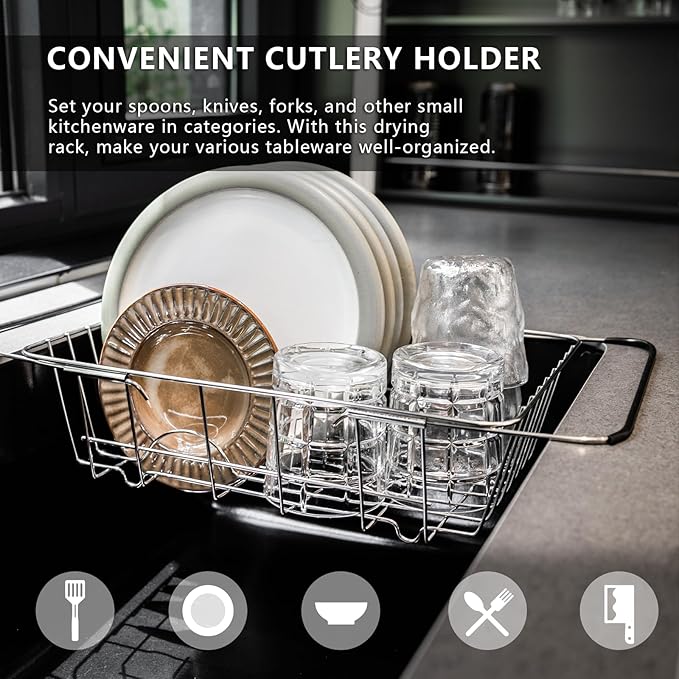 Expandable Dish Drying Rack in Sink or Over The Sink - 18/8 Stainless Steel Dish Rack/Drainer/Strainer/Dishrack for Kitchen Counter or RV - Adjustable, Deep and Large, Rustproof, Black