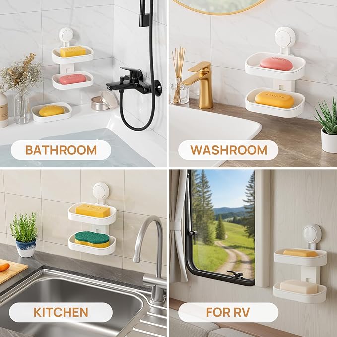 LEVERLOC Soap Dish Holder for Shower Double Layer Suction Cup Wall Mounted NO-Drilling Self Draining Removable Waterproof Strong Suction Bar Soap Sponge Holder for Shower Bathroom Bathtub Kitchen