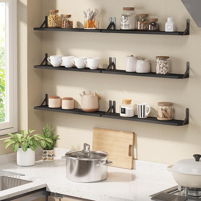 YGEOMER 23.6 Inch Floating Shelves for Wall, Farmhouse Wall Shelves for Bedroom, Bathroom Storage, Living Room and Kitchen Decor (Set of 6 Black)