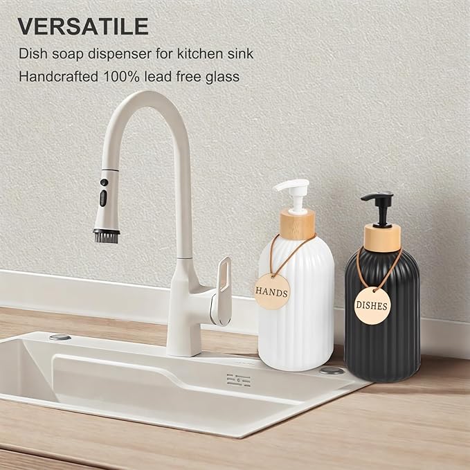 2 Pack ViserVita Glass Hand Soap Dispenser Set with Bamboo Pump, Elegant Refillable Liquid Dish Soap Dispenser, Perfect for Kitchen Sink and Bathroom Decor