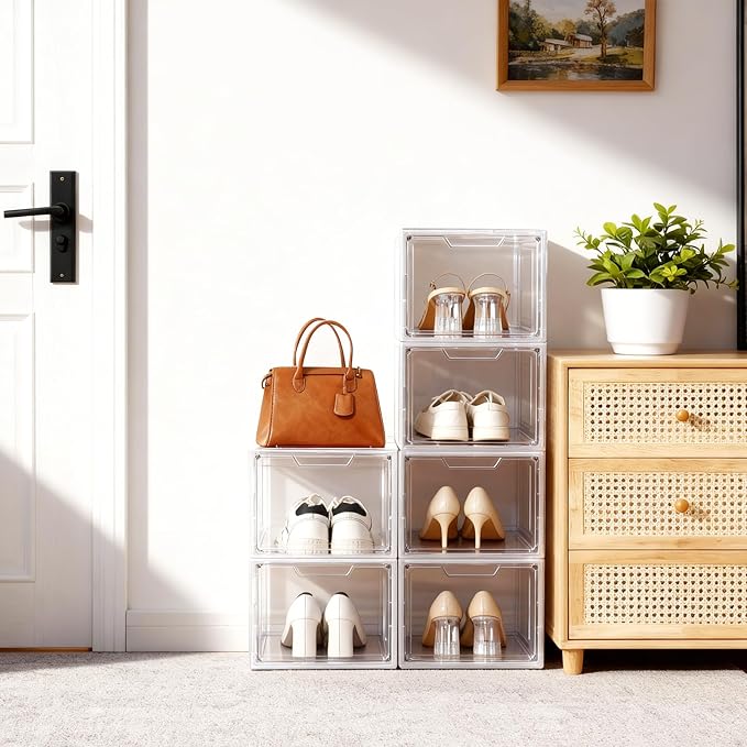 Shoe Boxes Shoe Storage Boxes Display Boxes with Magnetic Doors and Stackable Design, Ideal for Hallways, Under Beds, Wardrobes, and Living Rooms (Magnetic Door-Clear, 6 Pack)