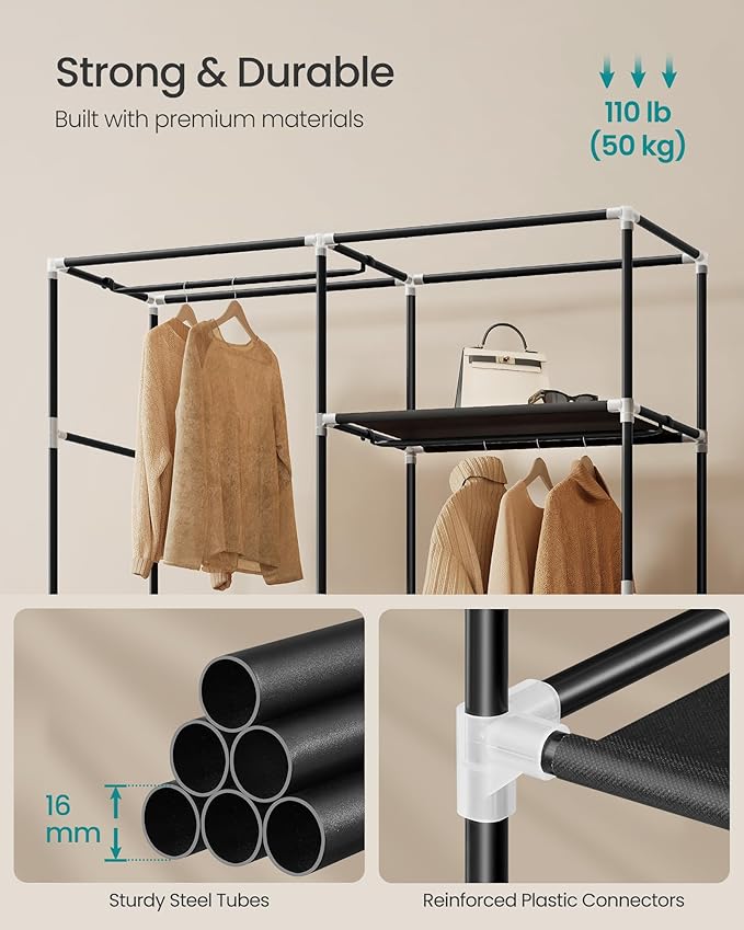 SONGMICS Portable Closet, Fabric Wardrobe, Clothes Rack with Shelves, Pockets, Large Capacity, 3 Hanging Rods, 50 x 17.7 x 70.9 Inches, Black URYG010BZ02