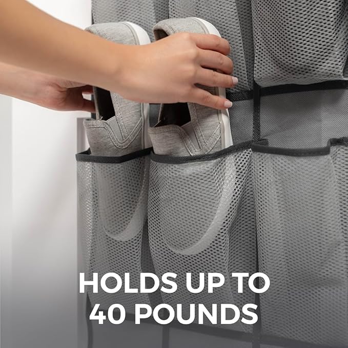 HOME GENIE Over the Door Hanging Shoe Organizer, 2 Pack, 24 Breathable Mesh Pockets, Closet Rack Storage Holder Stay in Place Hooks Hang on Closets, Hanger Holds Up to 40 lbs, Shoes, Accessories, Gray