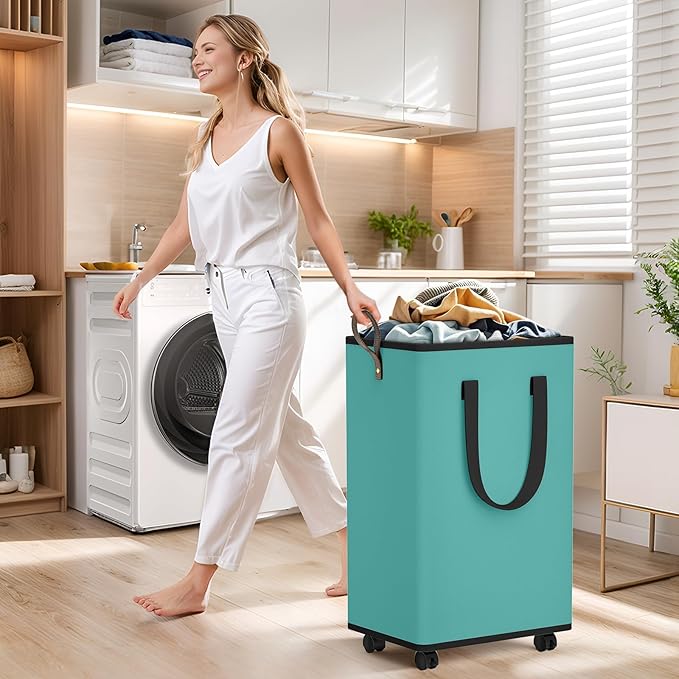 Laundry Basket with Wheels, Collapsible Laundry Baskets, Laundry Hamper with Handles Detachable Wheels, Rolling Laundry Basket, Dirty Clothes Hamper for Bathroom, Dorm, Bedroom, Green, 100L
