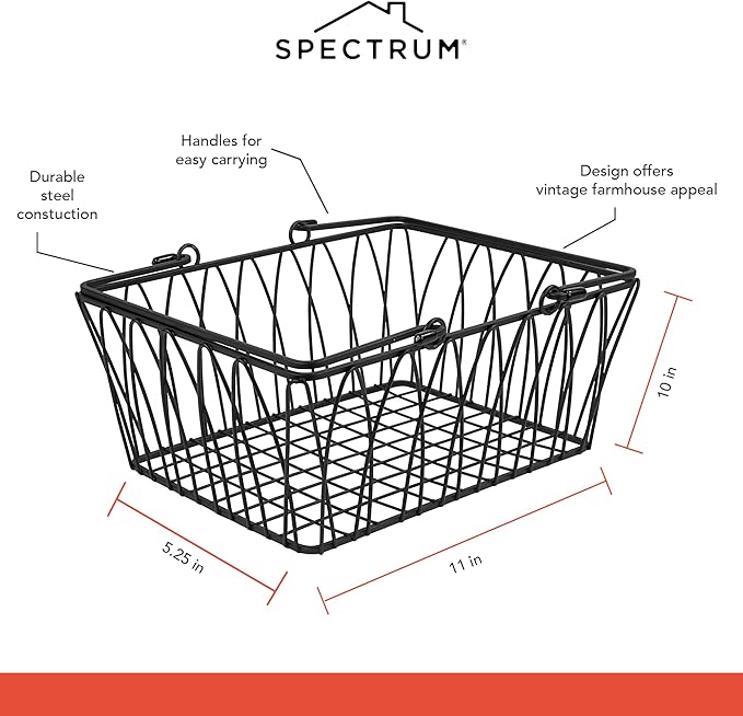 Spectrum Black Wire Basket with Handle Organizer for Kitchen Bathroom Closet Cabinet Storage, Sturdy Farmhouse Twist Wire Metal Pantry Basket with Handles for Home Decor Organization or Gift Basket