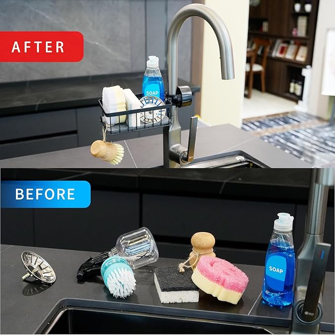 Sponge Holder for Kitchen Sink Sponge Holder Over Faucet - Stainless Steel Sink Caddy Organizer with Quick Stone Drying Mat (Black)