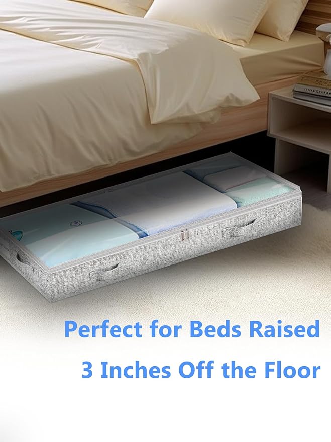 Low Profile Under Bed Storage, 3-Inch High Foldable Underbed Storage Bins with Lid & Zipper, No Structure, Super Slim Clothes Organizer for Crib Dorm Couch Low Bed, 2-Pack, Clear Top
