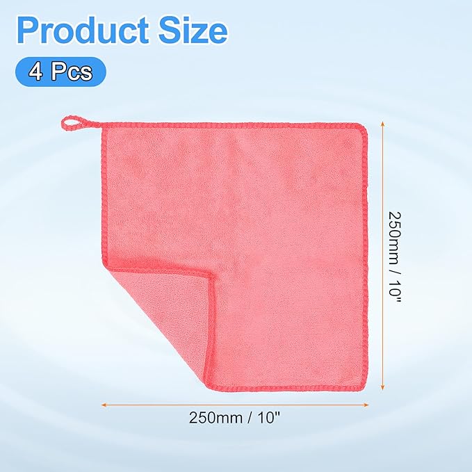 HARFINGTON 4 Pack Microfiber Cleaning Cloth, 10" x 10" Multi-Functional Cleaning Towels Reusable Absorbent Rags with Hook for Car Wash Kitchen Household Window Clean, Rose Red