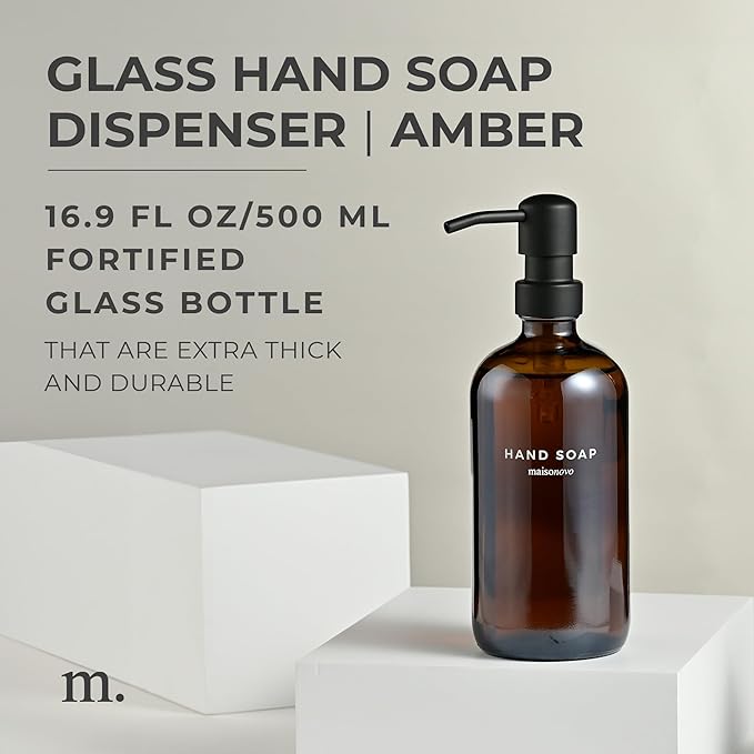 MaisoNovo Soap Dispenser 1-Piece Set | 16.9oz Amber Bottles with Black Plastic Pumps
