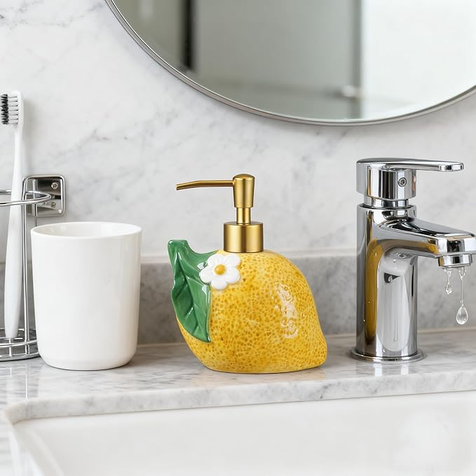17 OZ Lemon Ceramic Soap Dispenser with ABS Pump,Refillable Liquid Bathroom soap Dispenser for Lotion ,Body Wash ,Cute Kitchen Soap Dispenser for Dish Soap,Hand Soap