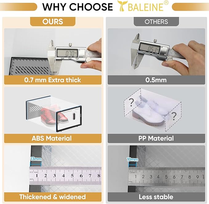 BALEINE 3 Pack Stackable Shoe Storage Boxes Fit Size 9, Thickened Clear Shoe Box Bins with Lids, Plastic Foldable Shoe Rack Organizer Sneaker Storage Containers (Large, White)