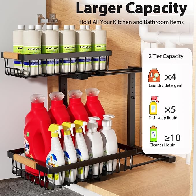 Under Sink Organizer Storage 1 pack, 2 Tier Slide Out Height Adjustable Pull Out Cabinet Organizer Drawers, Kitchen Bathroom Large Capacity Metal Under Sink Rack Caddy Basket Shelves, Black