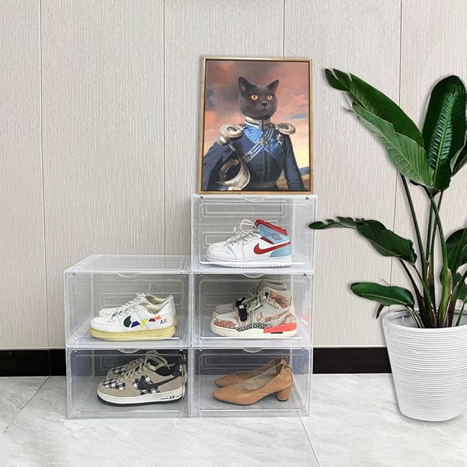 OMOPIN 6 Pack XL Shoe Storage Box Organizer,Drop Side Large Shoe Boxes Clear Plastic Stackable Container,Magnetic Sneaker Display Case, Fit up to US 13（13.4”x 10.6”x 8.3”(6 Pack Clear)