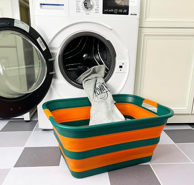 SAMMART Collapsible Plastic Laundry Basket with Handle/Foldable Pop Up Storage Hamper/Portable Laundry Organizer-Space Saving Washing Tub/Household Storage (Teal Green/Autumn leaf, 42L)