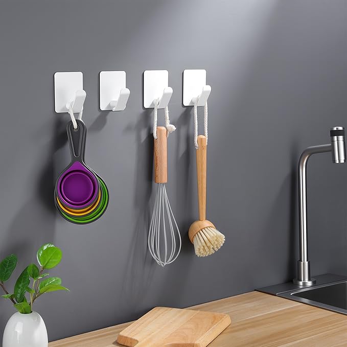 DELITON Adhesive Hooks 4 Pack - Simple White Towel Hooks for Coat, Robe and Bags, Heavy Duty Stick on Wall for Bathroom and Kitchen