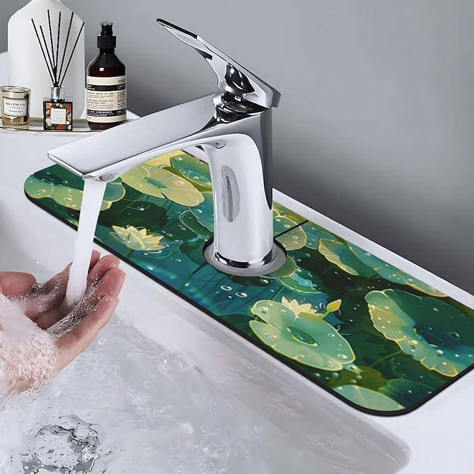 Faucet Draining Mat For Kitchen Sink, Green Lotus Leaves Diatom Mud Absorbent Drain Pad For Bathroom Kitchen Sink Splash Guard Drying Mat